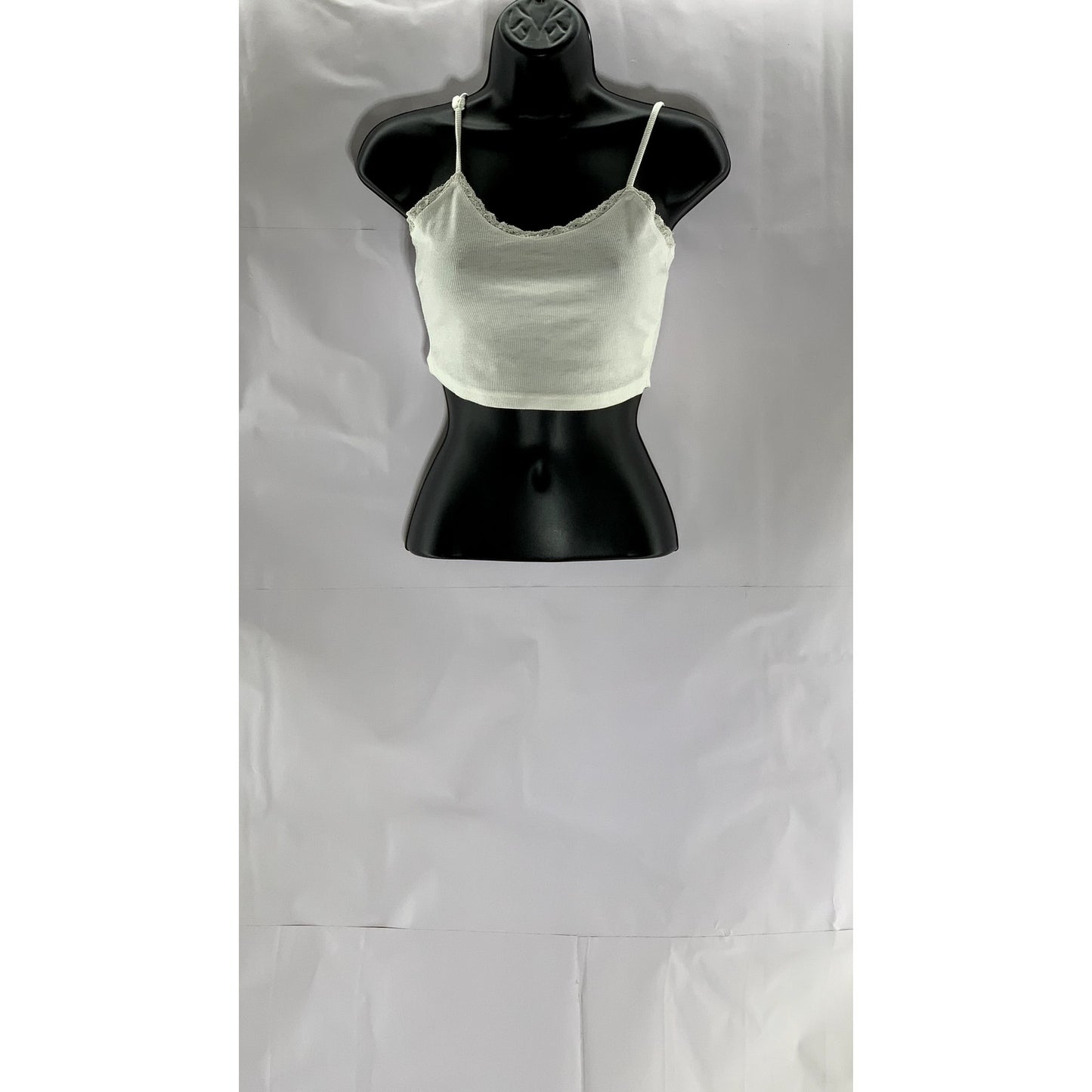 SHEIN Women's White Ribbed Lace-Trim Scoop-Neck Cropped Tank Top SZ XS