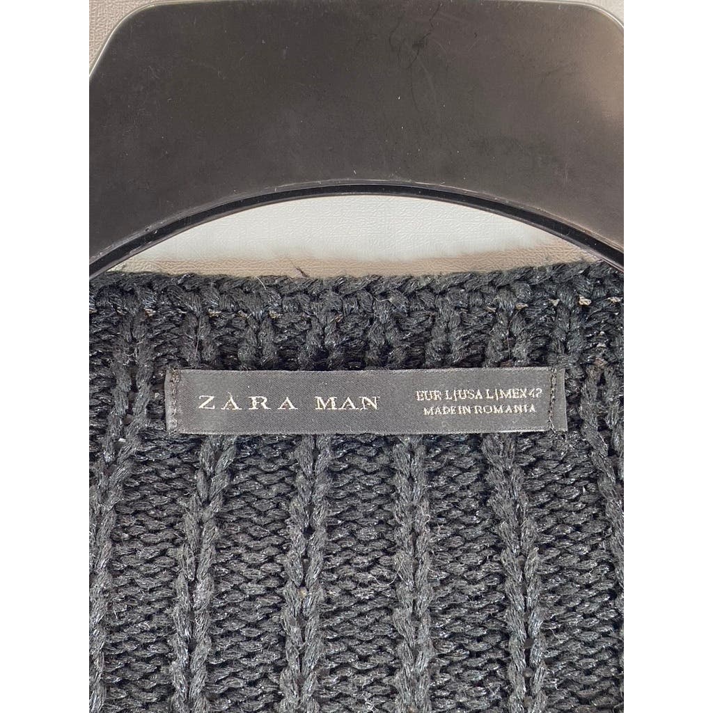ZARA MAN Men's Black Solid Crewneck Cable Knit Pullover Sweater SZ L