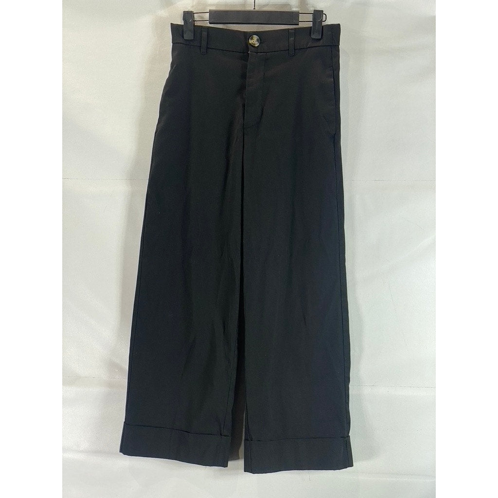 ZARA Women's Black Solid Straight Wide-Leg Cuffed Dress Pants SZ S