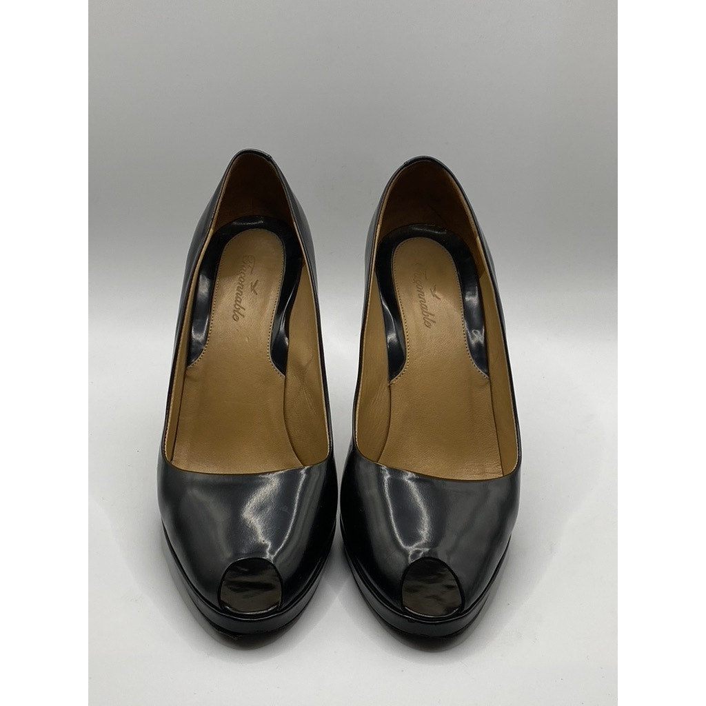 FACONNABLE Women's Black Leather Peep-Toe Slip-On Stiletto Heels SZ 6.5