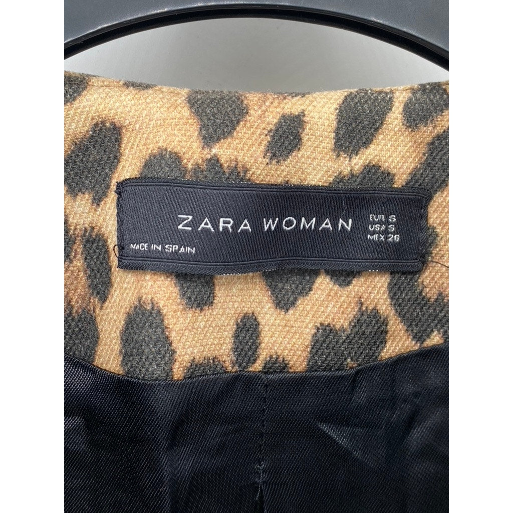 ZARA Women’s Tan-Black Animal Print Snap-Button Long Sleeve Collarless Coat SZ S