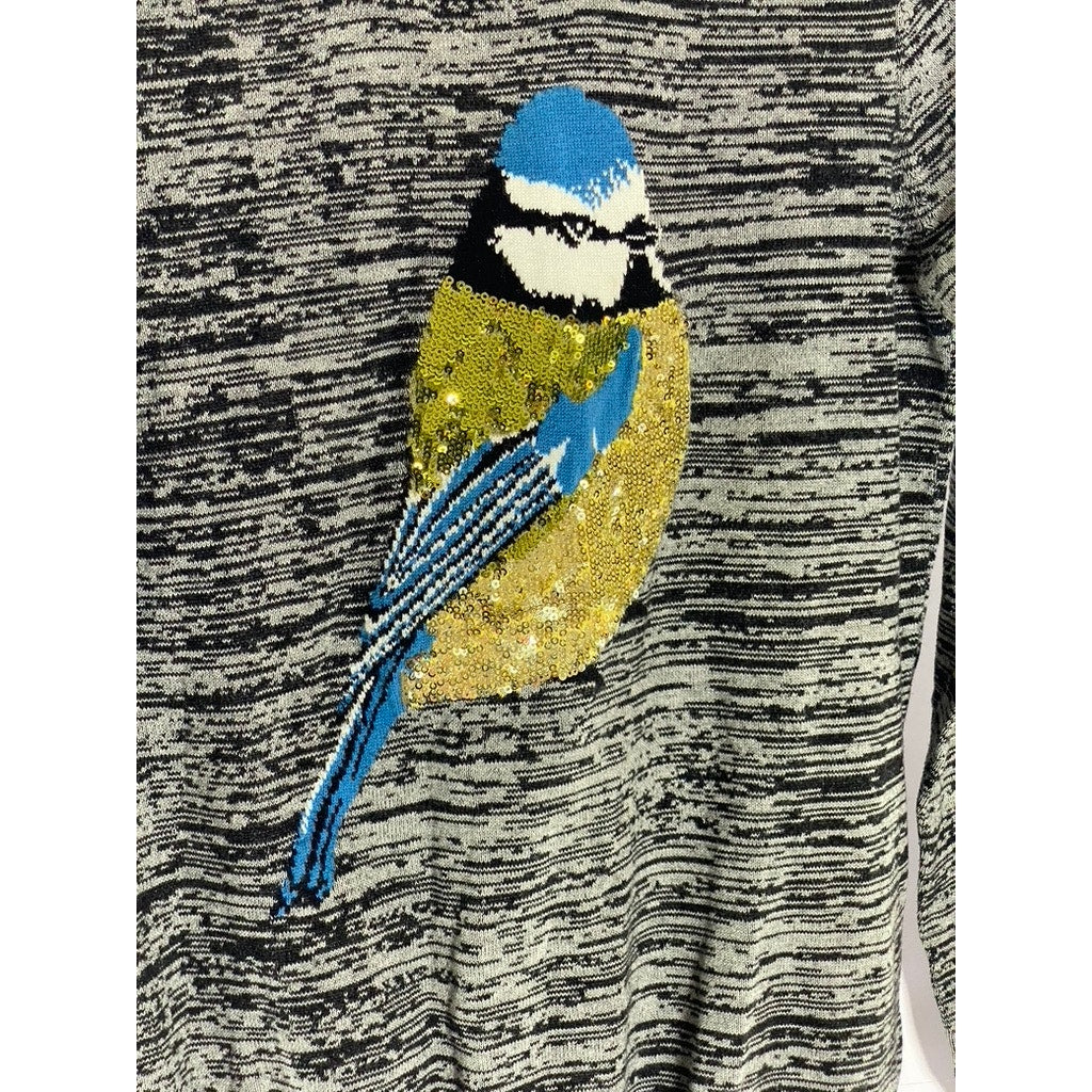 FRENCH CONNECTION Women's Gray-Black Sequin Embellished Bird Sweater SZ S