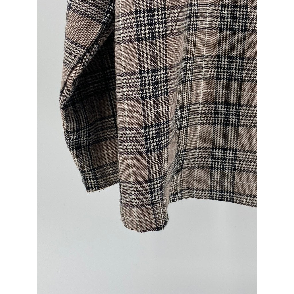 ZBCR Women's Tan-Black Plaid Buckle Closure Notch Collar Blazer SZ M