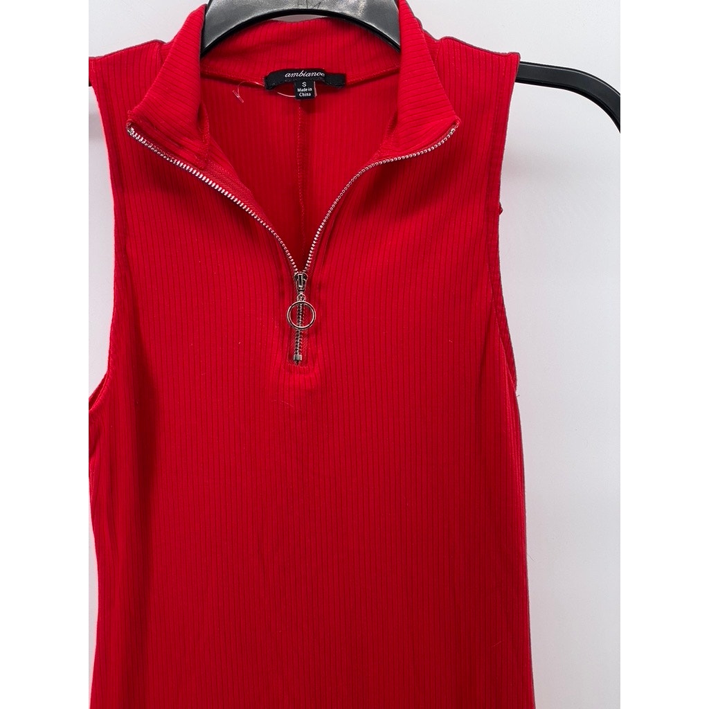 AMBIANCE Women's Red Ribbed Mock-Collar Half-Zip Sleeveless Mini Dress SZ S