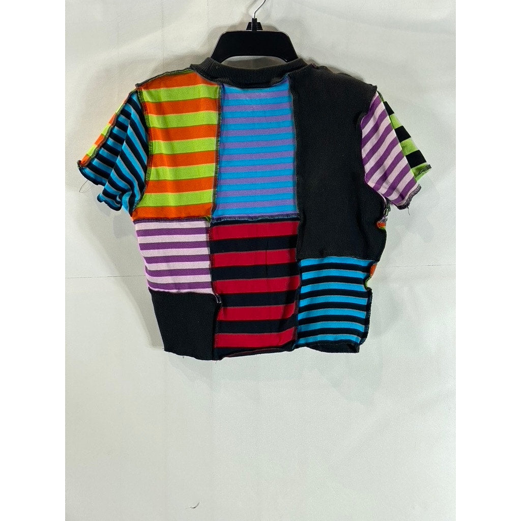 THE RAGGED PRIEST Women's Black Multicolor Breaker Patchwork Crop Top SZ M