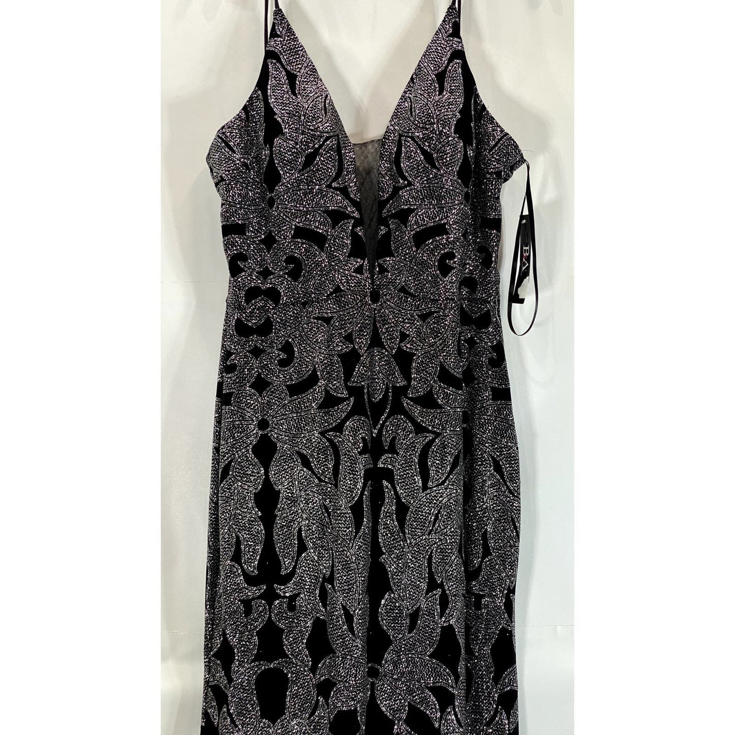 B&A By BETSY & ADAM Women's Black/Gunmetal Glitter-Print Mesh V-Neck Gown SZ 14