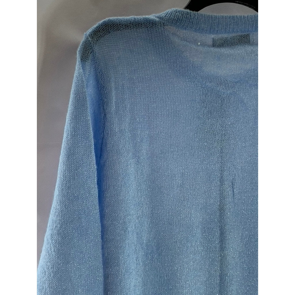 MANGO Women's Sky Blue Lurex Knit Button-Up Crewneck Cardigan SZ L