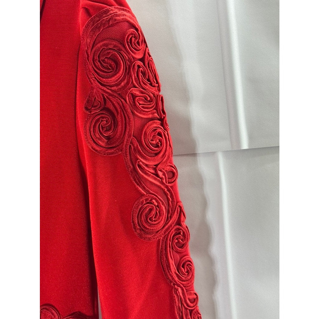 AFFLUENCE Women's Bright Red 3D Floral Trim V-Neck Split-Hem Maxi Gown SZ S