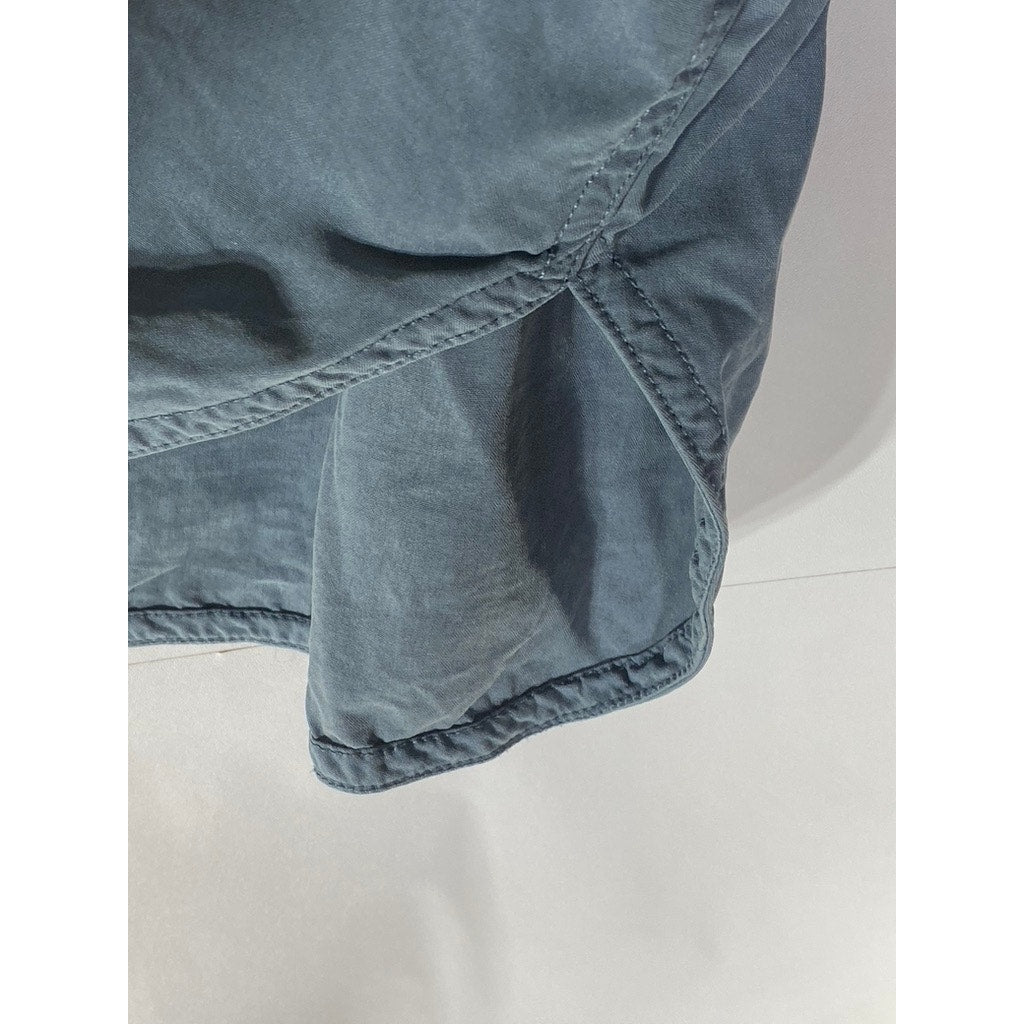 EVERLANE Women's Blue Washable Silk Long Sleeve Henley Patch Pocket Top SZ 2