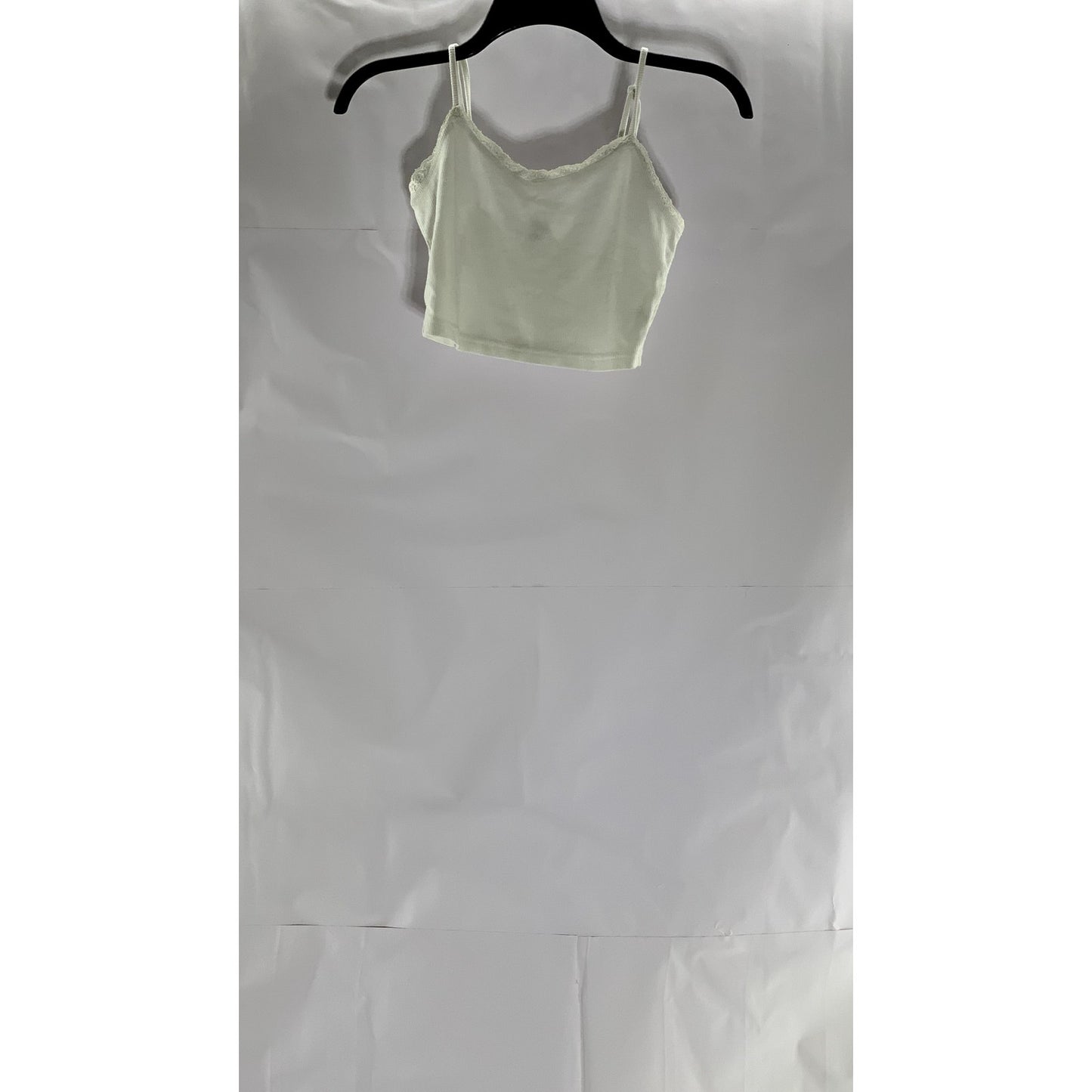 SHEIN Women's White Ribbed Lace-Trim Scoop-Neck Cropped Tank Top SZ XS