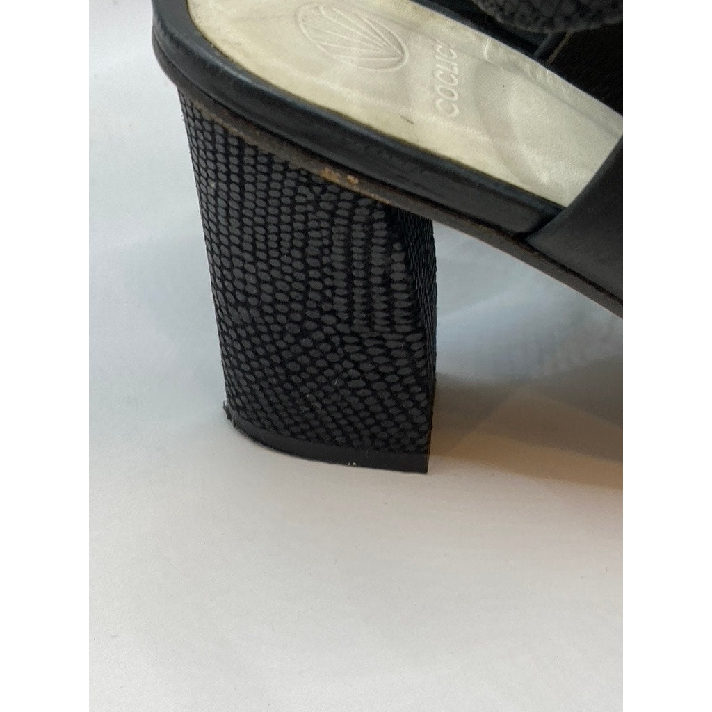 COCLICO Women's Black Leather Square Peep-Toe Heeled Sandals SZ 38.5(US8.5)