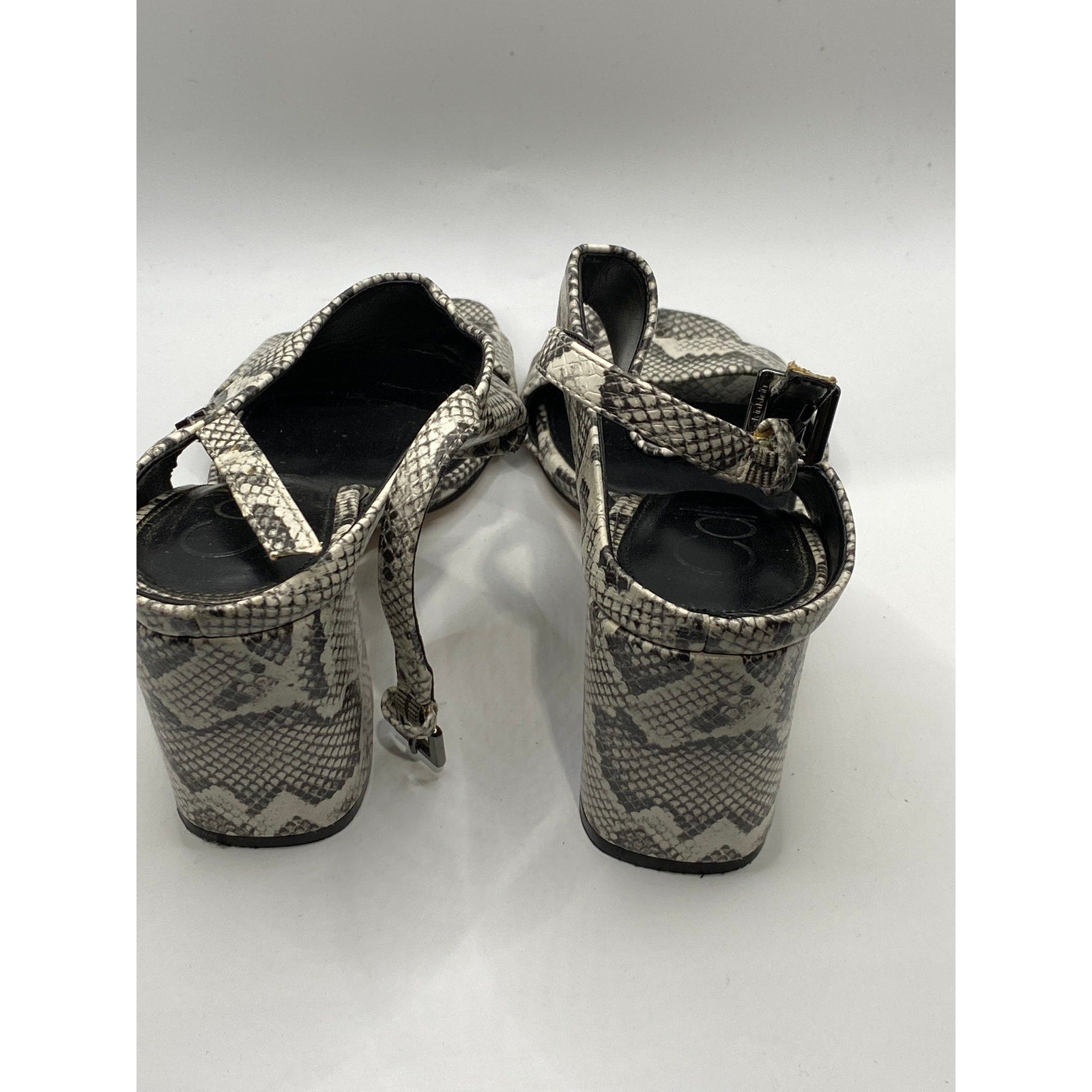 CALVIN KLEIN Women's Black-White Qeelin Snake Square-Toe Heeled Sandals SZ 6.5