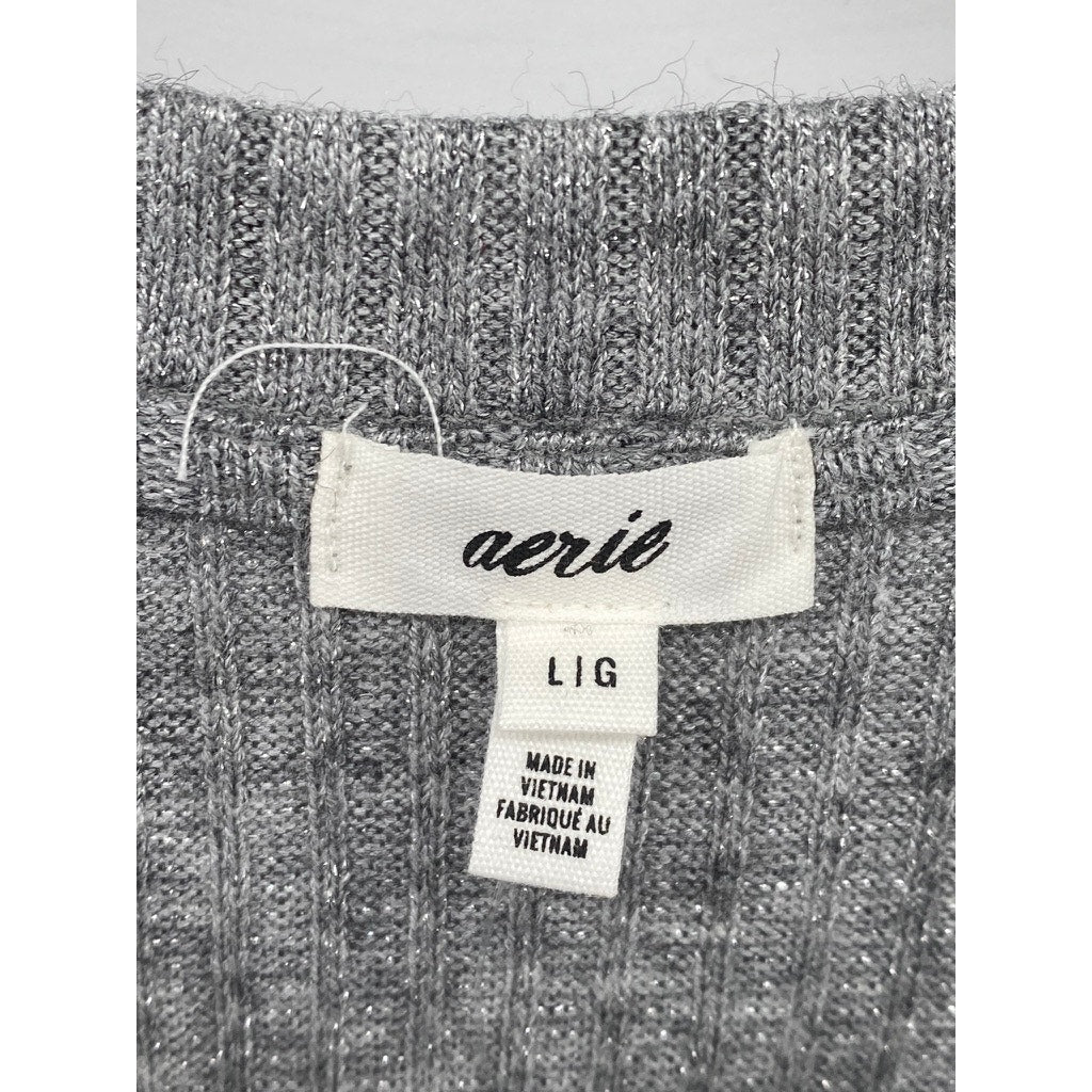AERIE Women’s Heather Gray Ribbed Long Sleeve Button-Up Top SZ L