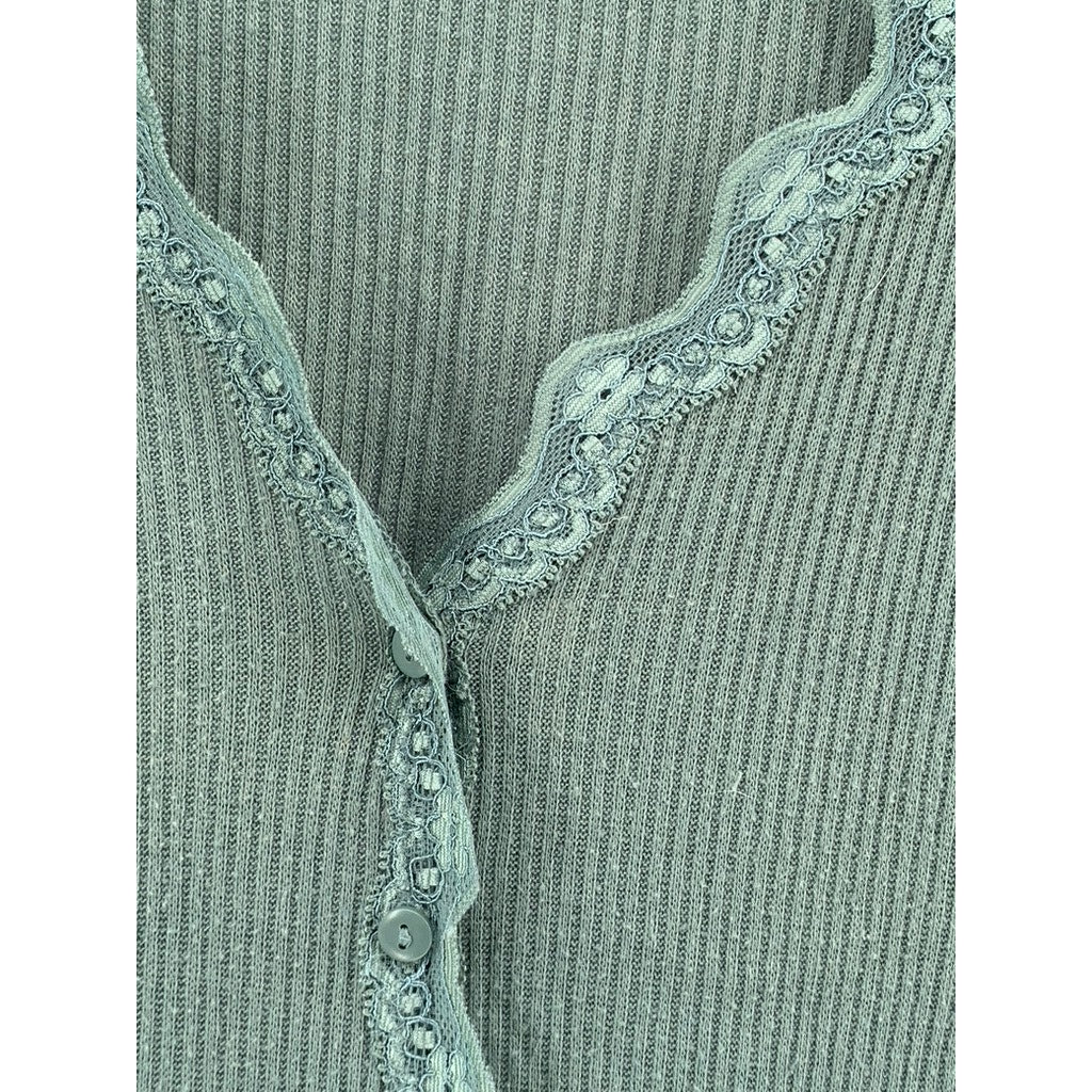 URBAN OUTFITTERS Women's Dusty Green Ribbed Lace-Trim Button-Down Top SZ M