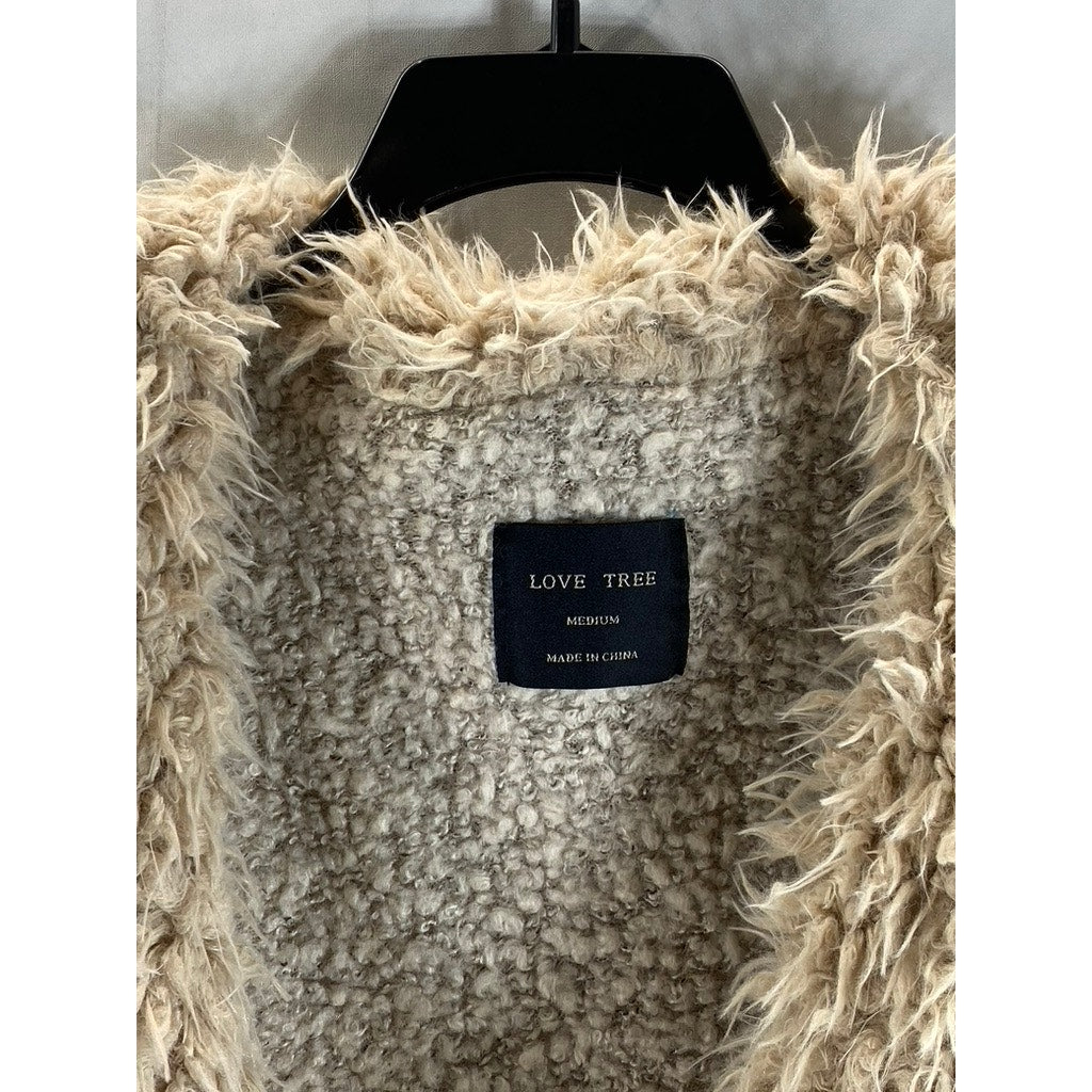 LOVE TREE Women's Beige/Brown Faux-Fur Sherpa Open-Front Vest SZ M