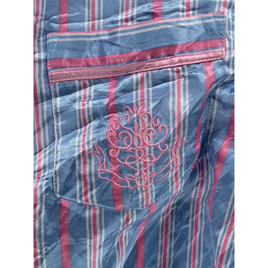 KATHRYN Women's Blue-Pink Striped Lightweight Long Sleeve Button-Up Top SZ S