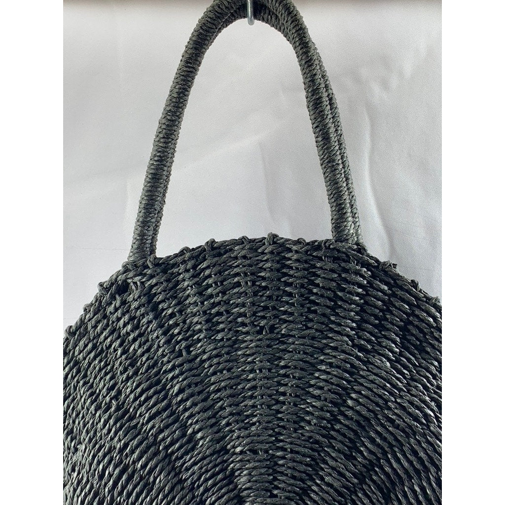 ABERCROMBIE & FITCH Women's Black Straw Woven Round Snap-Button Tote Bag