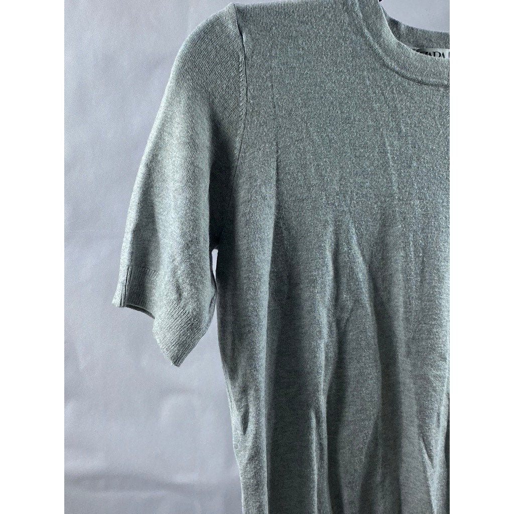 ZARA Women's Light Gray Crewneck Plain Knit Basic Short Sleeve Top SZ S