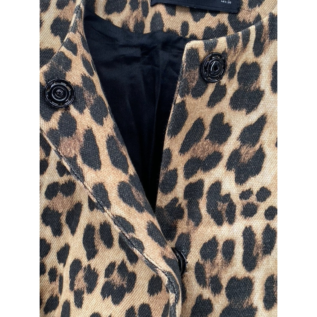 ZARA Women’s Tan-Black Animal Print Snap-Button Long Sleeve Collarless Coat SZ S
