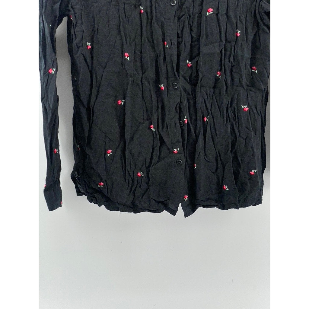 COTTON:ON Black Women's Mini Rose Print Button-Up Long Sleeve Top SZ S