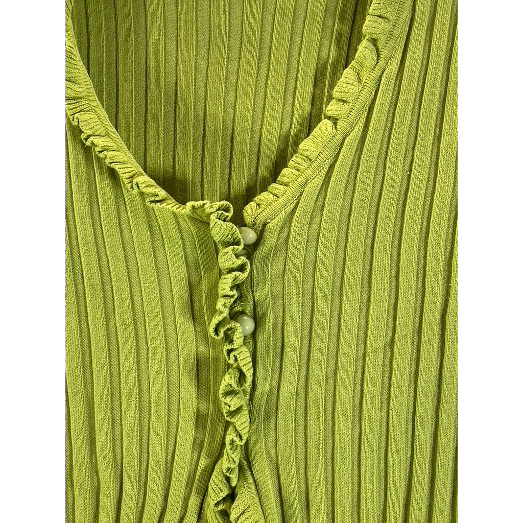 UNBRANDED Women's Green Ribbed Ruffle-Trim Short-Sleeve Crop Top SZ XS