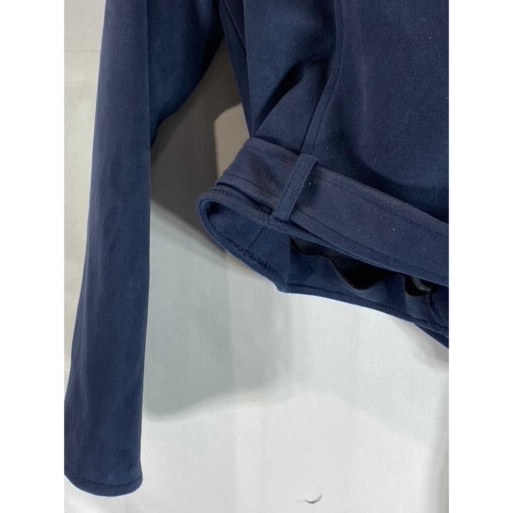 PRIMARK Women's Navy Asymmetrical Moto Faux Suede Buckle Biker Jacket SZ 8