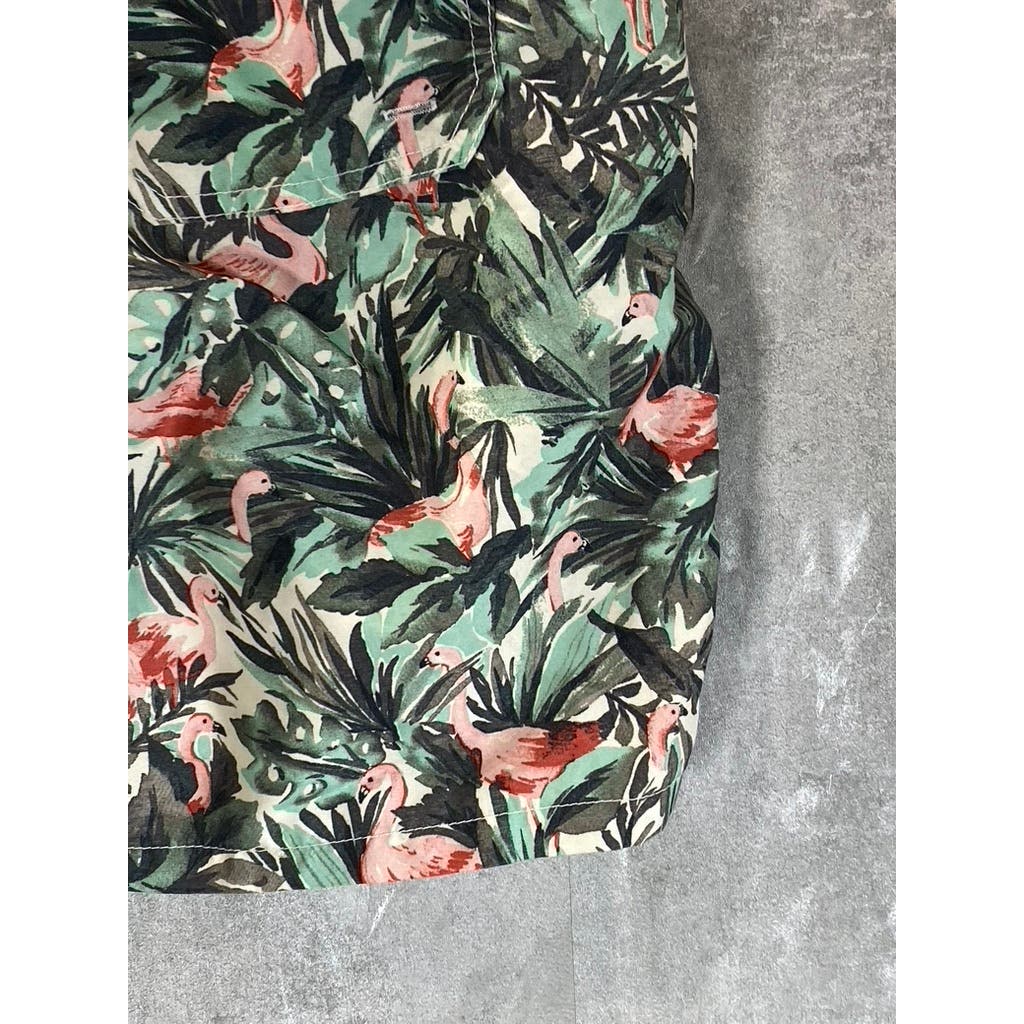 GOODFELLOW & CO Men's Green Palm Flamingo Print Drawstring Swimtrunks SZ M