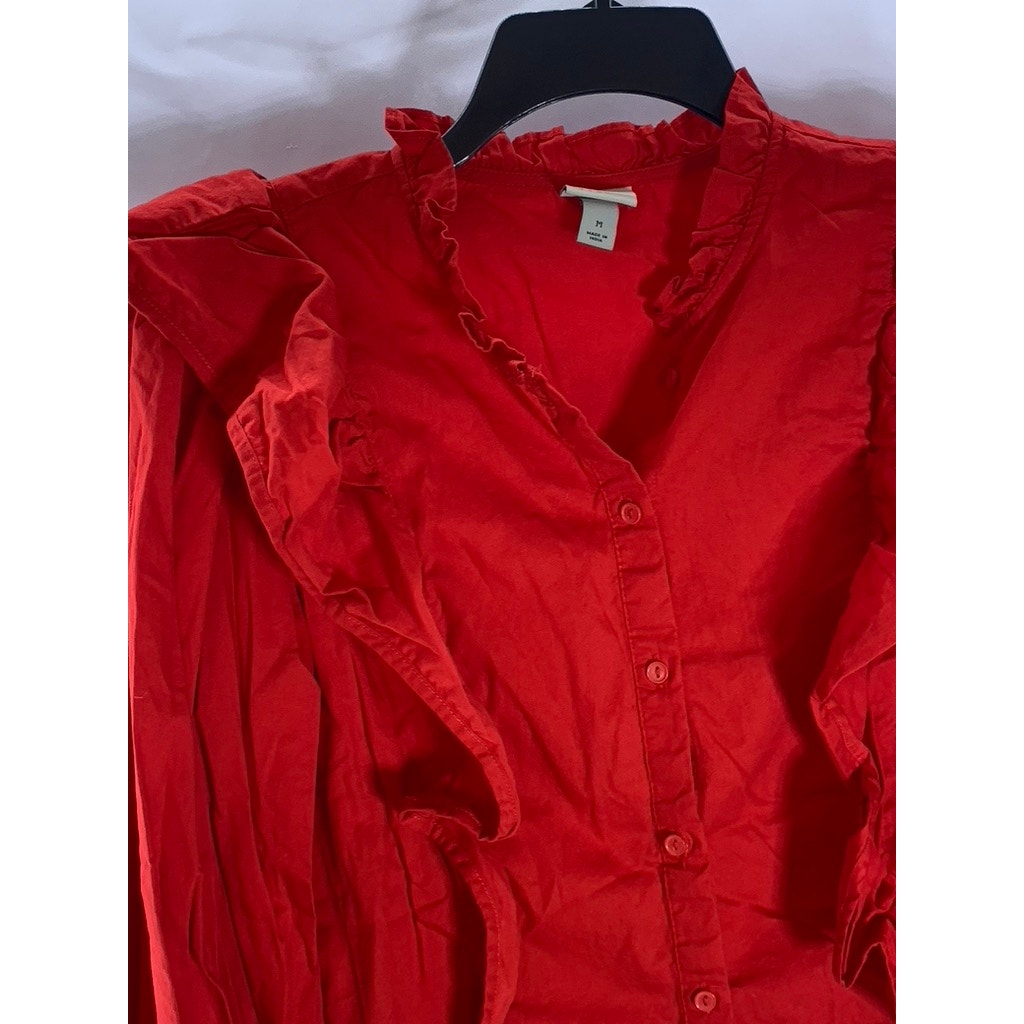 A NEW DAY Women's Red Ruffle Long Sleeve Button-Up Top SZ M