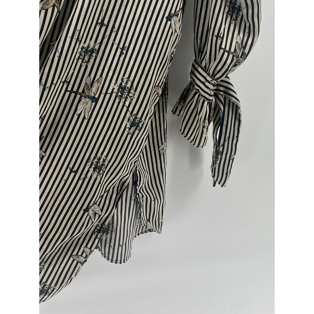 ZARA Women’s Black-Gray Striped Dragonfly Button-Up Long Sleeve Tunic Top SZ S
