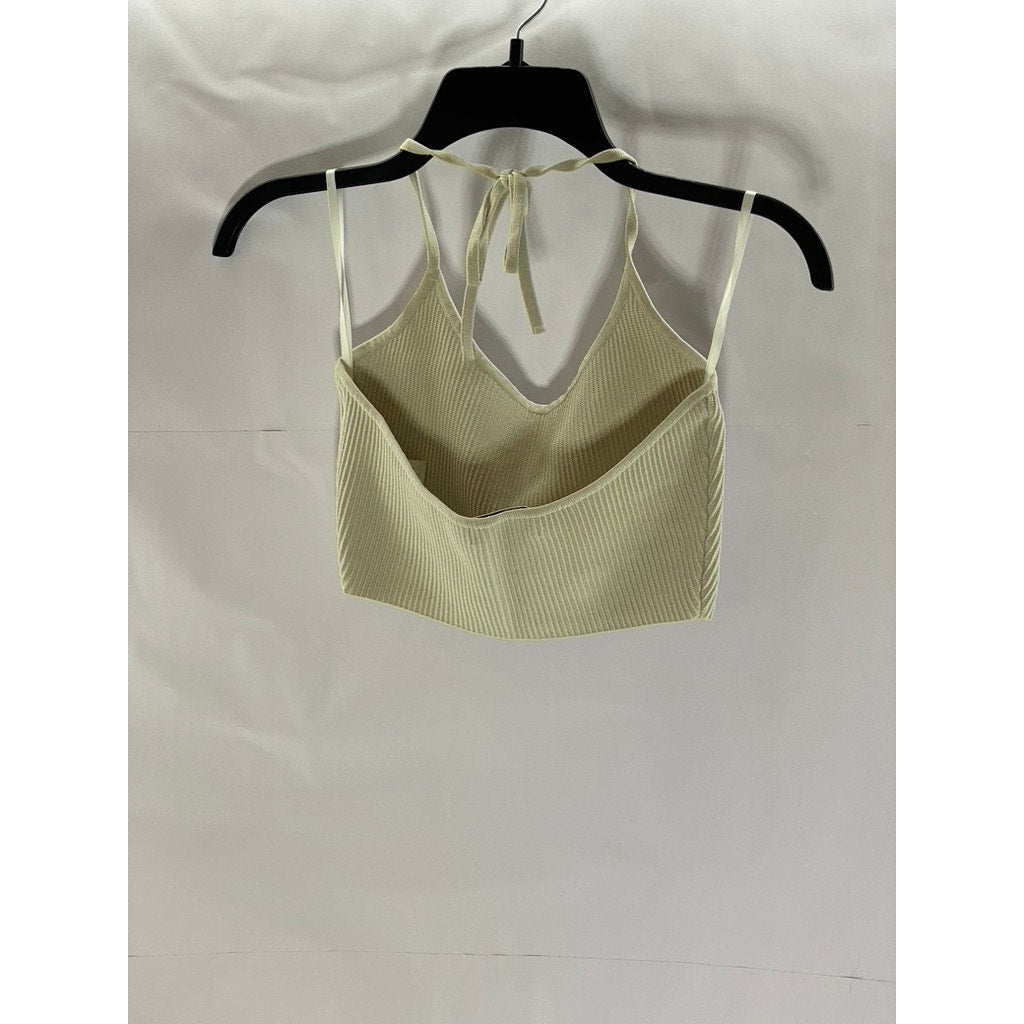 BABATON Women's Tan Ribbed Tie-Neck Halter Scoop-Neck Crop Top SZ S