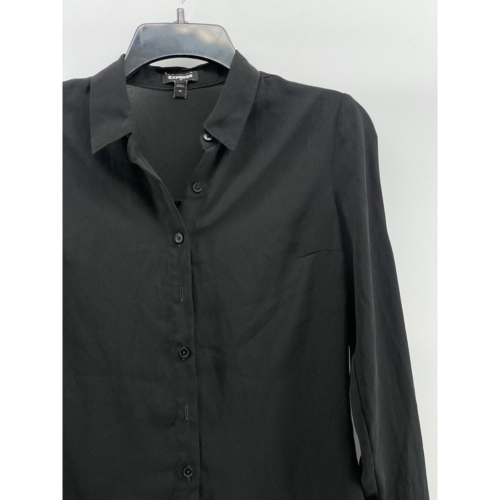 EXPRESS Women's Black Solid Regular-Fit Button-Up Long Sleeve Top SZ XS