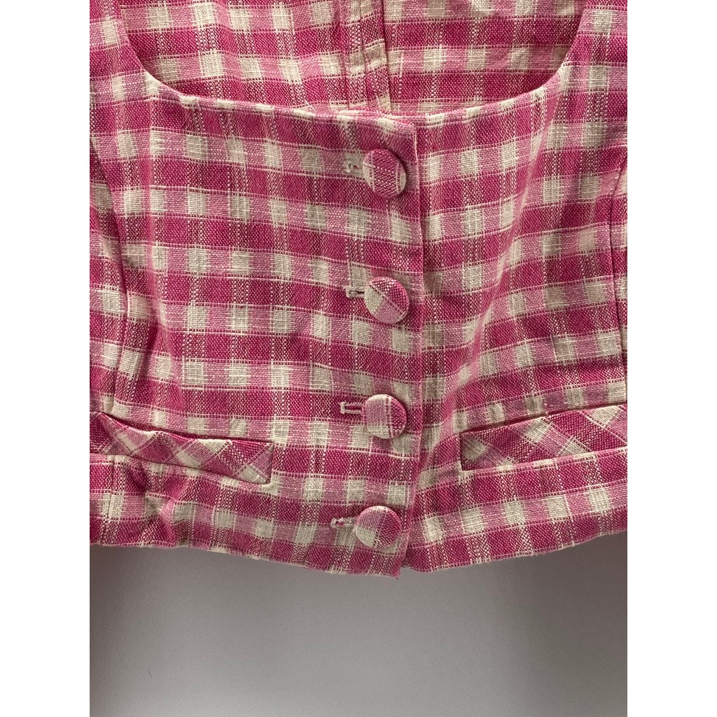 ZARA Women’s Pink Gingham Button-Up Straight Neck Long Sleeve Crop Top SZ M