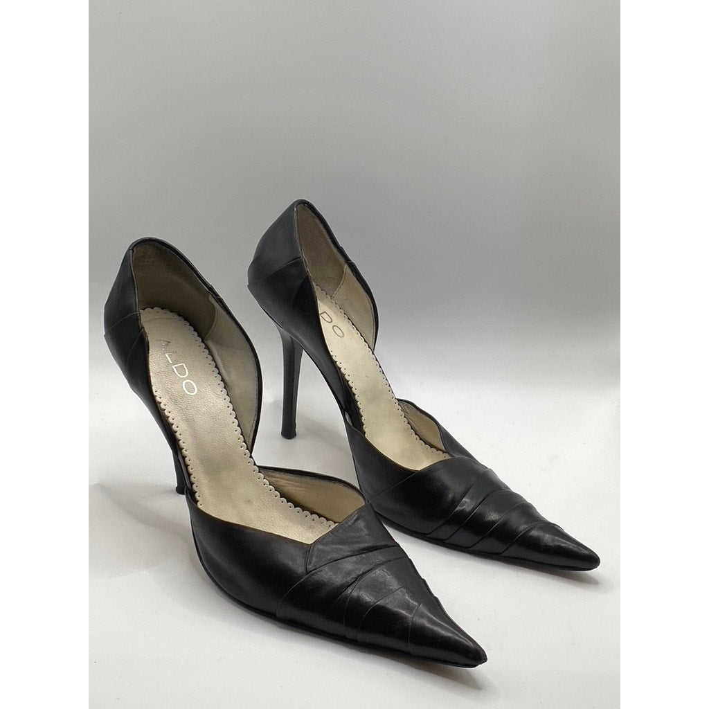 ALDO Women's Black Leather Pleated Pointed-Toe Slip-On Stiletto Pumps SZ US 6.5