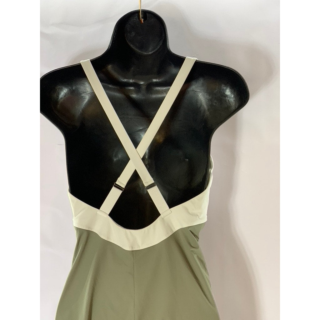 WEAR ONE'S AT Women's Green/Cream Color Block V-Neck Cross-Strap Jumpsuit SZ S