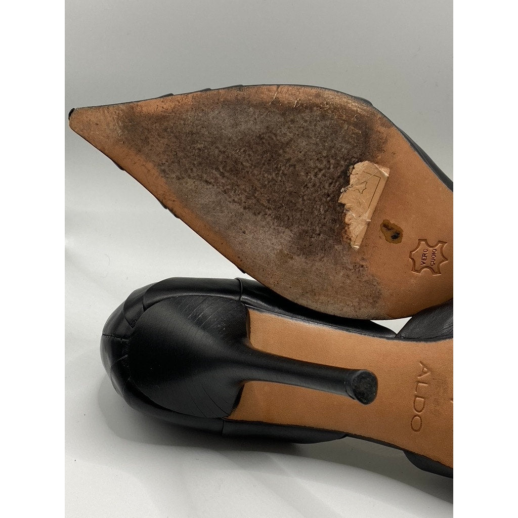 ALDO Women's Black Leather Pleated Pointed-Toe Slip-On Stiletto Pumps SZ US 6.5