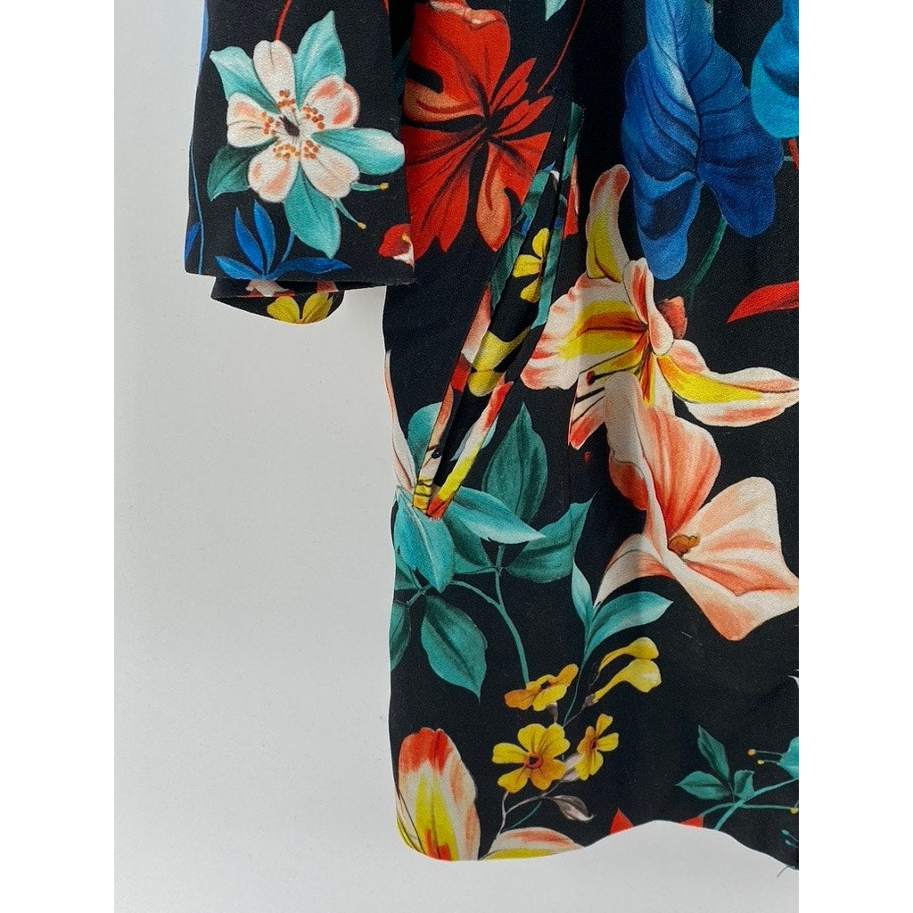 ZARA TRF OUTERWEAR Women’s Black-Multi Floral Open-Front Long Blazer SZ S
