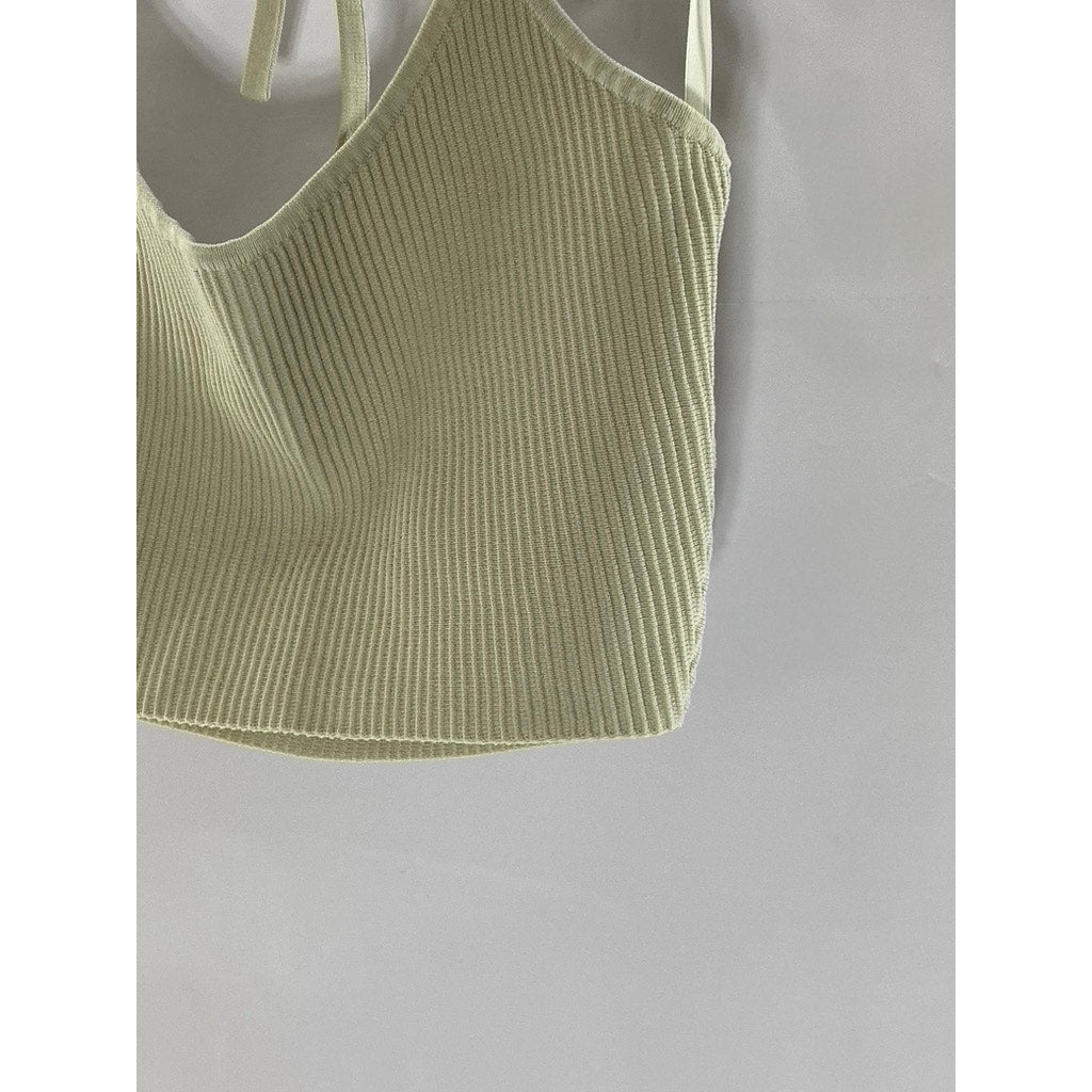 BABATON Women's Tan Ribbed Tie-Neck Halter Scoop-Neck Crop Top SZ S