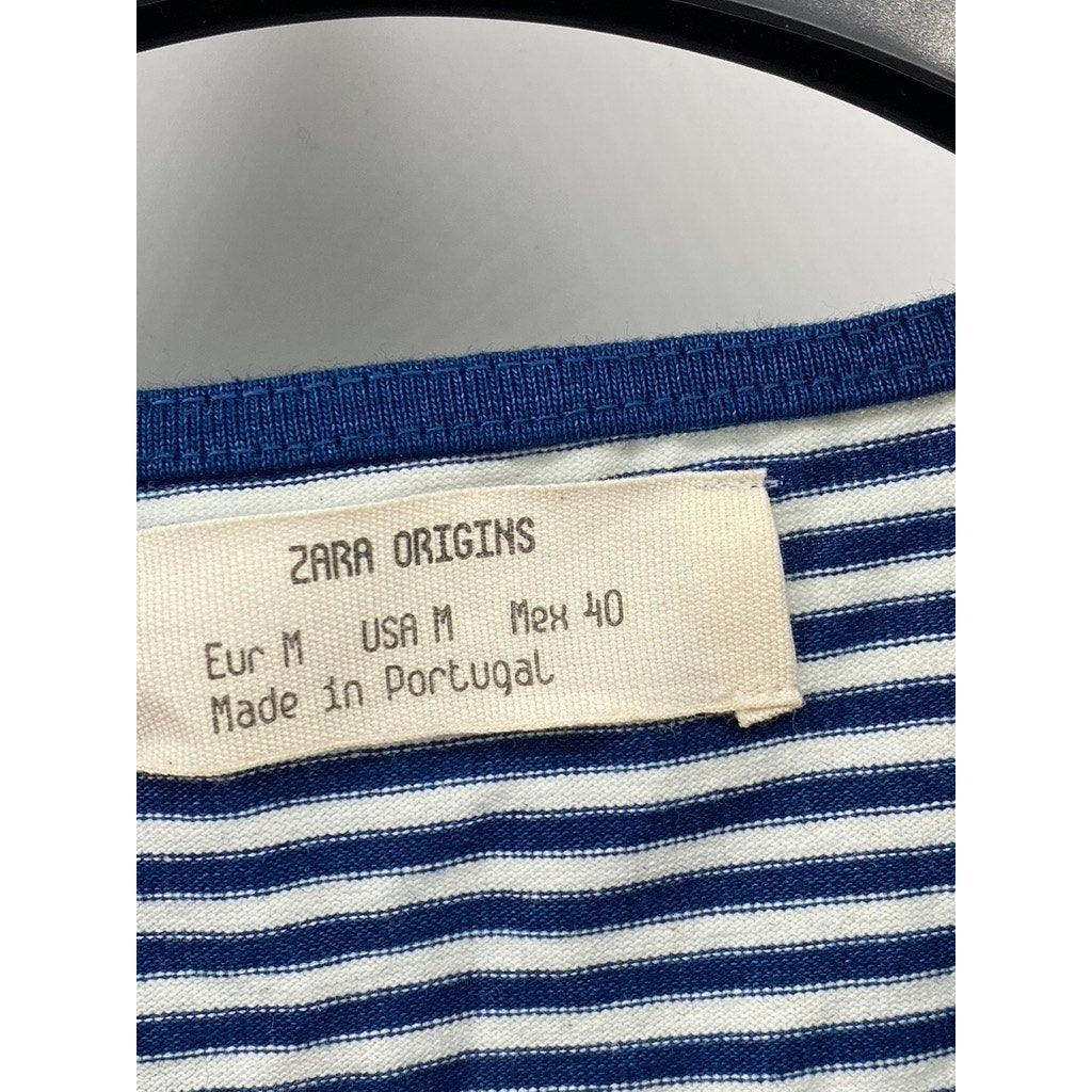 ZARA ORIGINS Women's Blue-White Horizontal Stripe Crewneck Long Sleeve Top SZ M