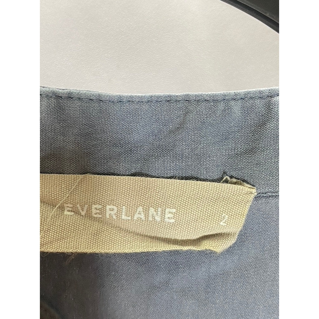 EVERLANE Women's Blue Washable Silk Long Sleeve Henley Patch Pocket Top SZ 2