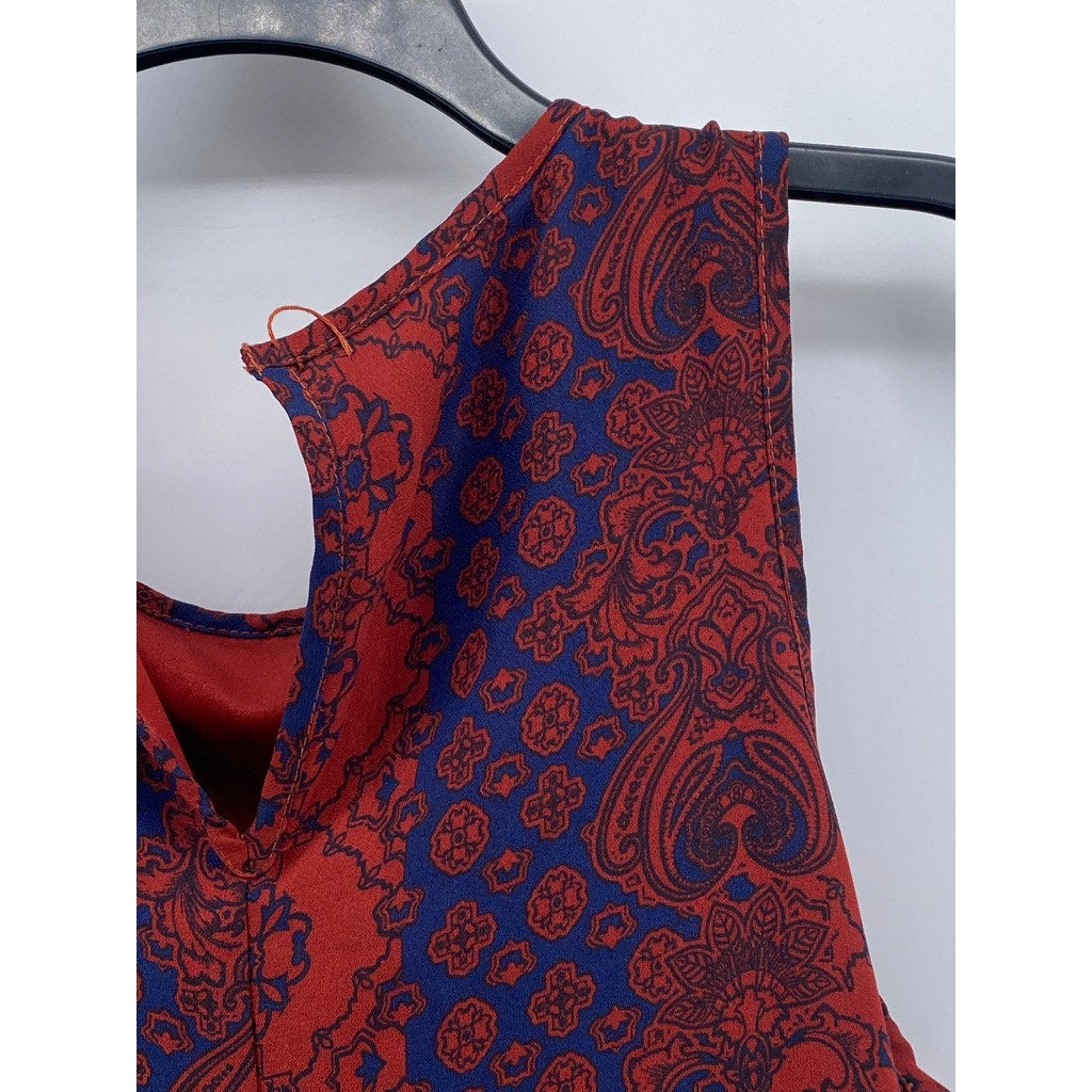 ALYA Women's Red-Blue Printed Crewneck Sleeveless Pullover A-Line Tank Dress SZS