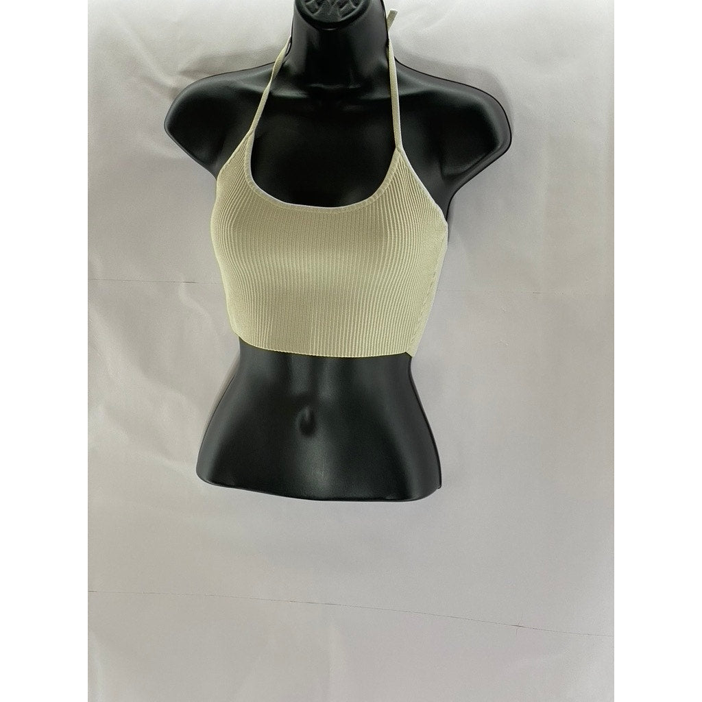 BABATON Women's Tan Ribbed Tie-Neck Halter Scoop-Neck Crop Top SZ S