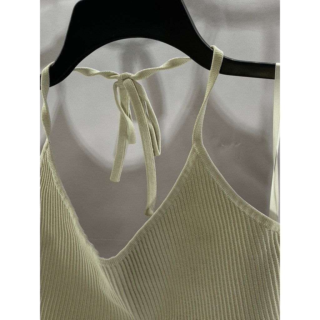 BABATON Women's Tan Ribbed Tie-Neck Halter Scoop-Neck Crop Top SZ S