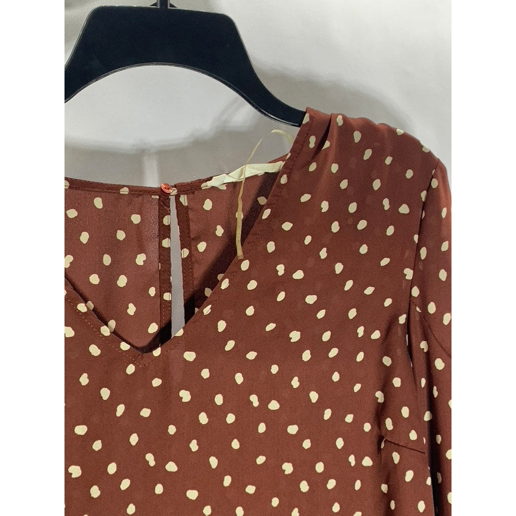 ALL IN FAVOR Women's Dark Brown/White Polka Dot V-Neck Long Sleeve Top SZ S