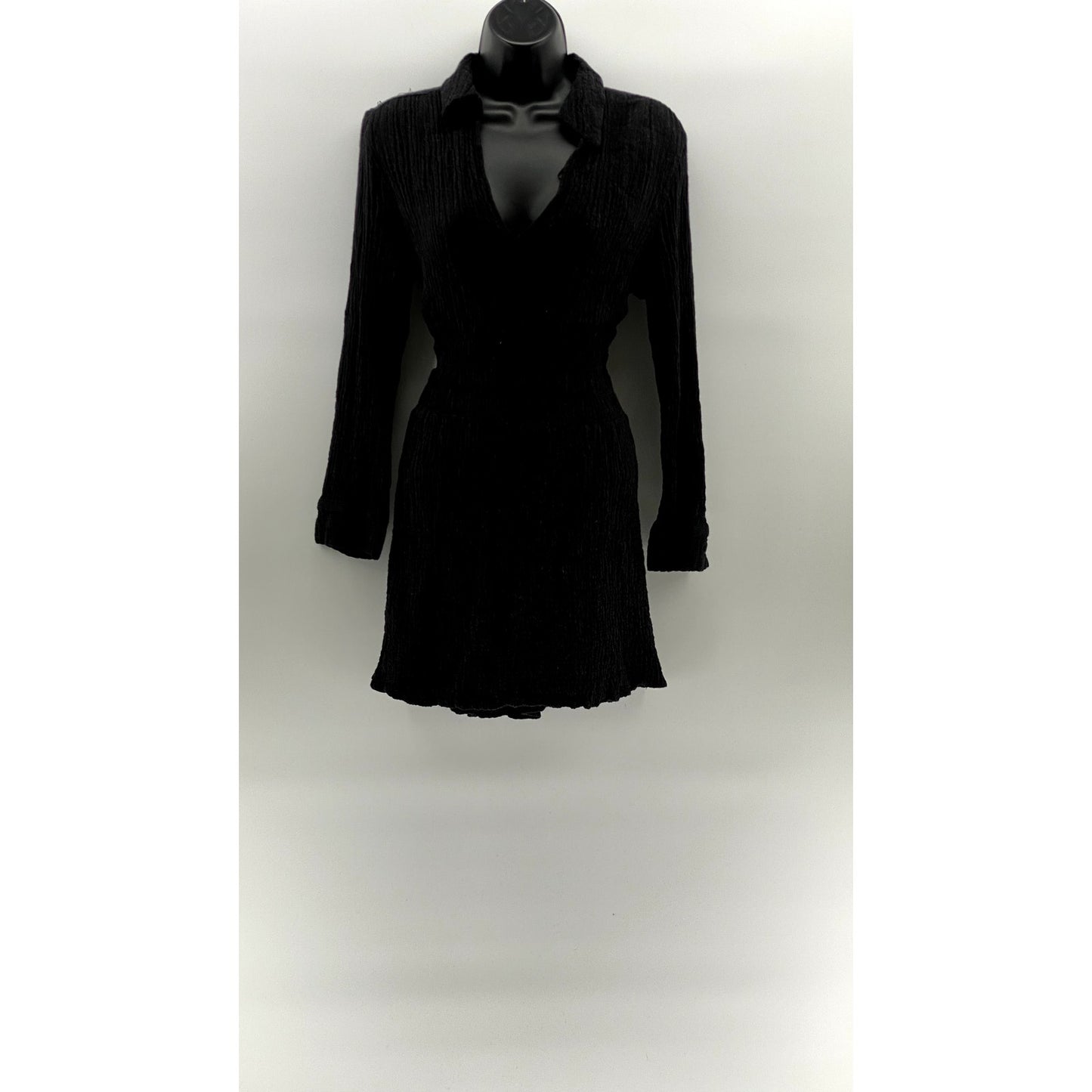 ZARA Women's Black Textured Smocked-Waist Long Sleeve V-Neck A-Line Dress SZ M
