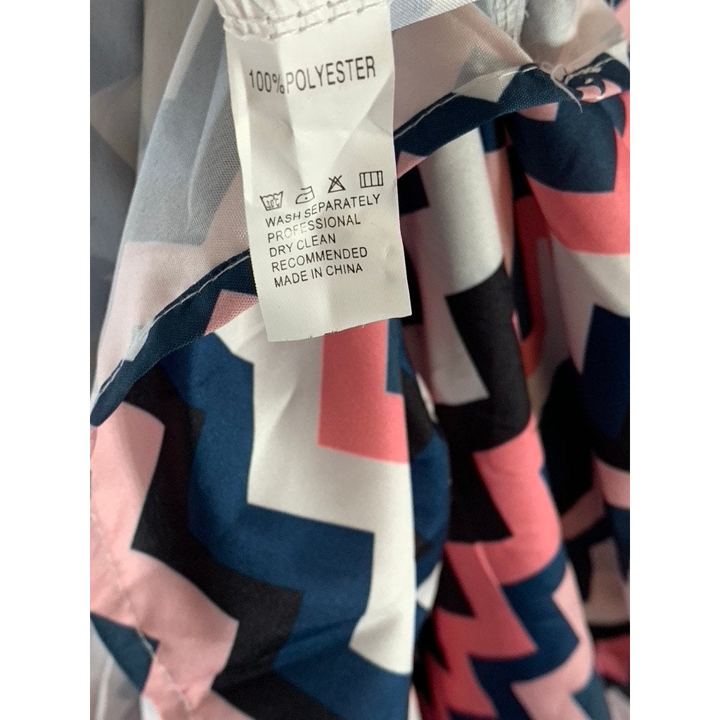 UNBRANDED Women's Pink/Black/White Zig-Zag Tie-Neck 3/4 Sleeve Midi Dress SZ XL