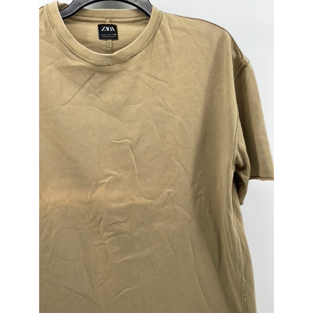 ZARA Women's Tan Crewneck Oversized Short Sleeve Top SZ S