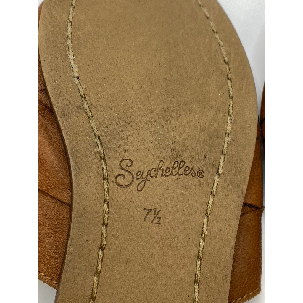 SEYCHELLES Women's Cognac Leather Almond-Toe Slip-On Flat Mule Shoes SZ 7.5