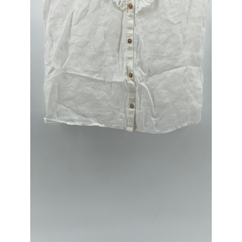 ZARA Women’s White Pleated Lace-Trim High-Neck Button-Up Top SZ M