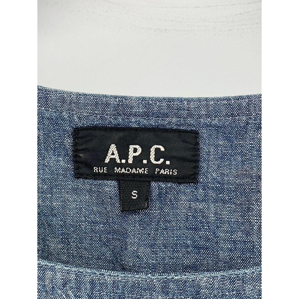 A.P.C. Women's Blue Chambray Crewneck Sleeveless Ruffle-Hem Knee Dress SZ S