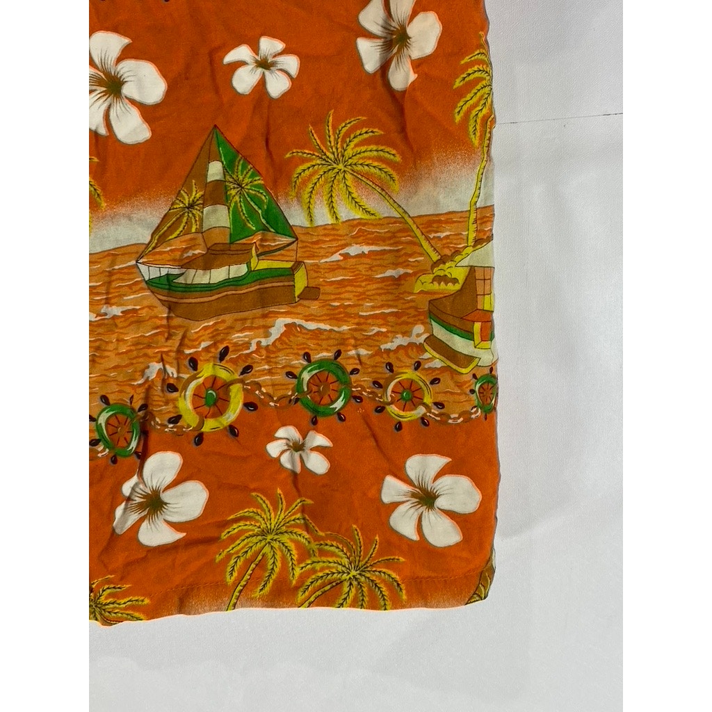 WOMEN'S Orange Tropical Floral Sailboat Print Button-Up Short Sleeve Top SZ 2XL